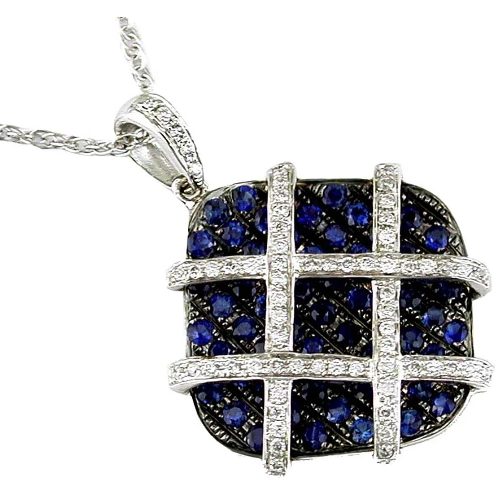 14K White Gold Cushion-Shaped Geometric Pendant with 1.35 Carat Round Blue Sapphires and 0.20 Carat Round Diamond Grid - Royal Jewelry