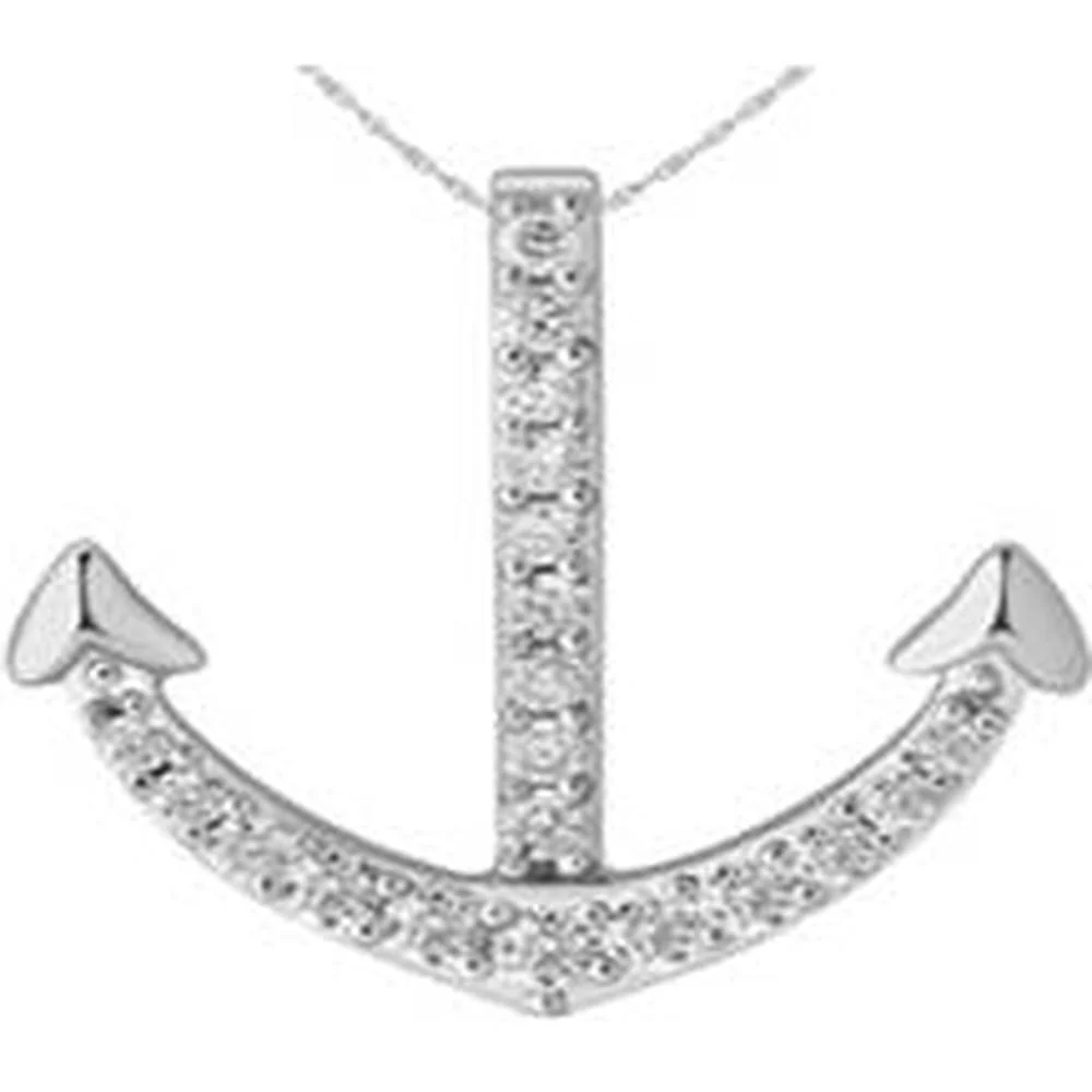 14K White Gold Diamond Anchor Pendant Necklace with Round Brilliant Stones - 0.08 Carat Total Diamond Weight - Royal Jewelry