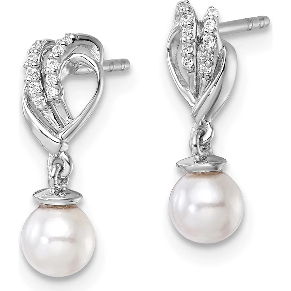 14K White Gold Diamond and Freshwater Cultured Pearl Dangle Earrings - 1/15 Carats Total Diamond Weight by Monteluci Fine Jewelry - Image 2