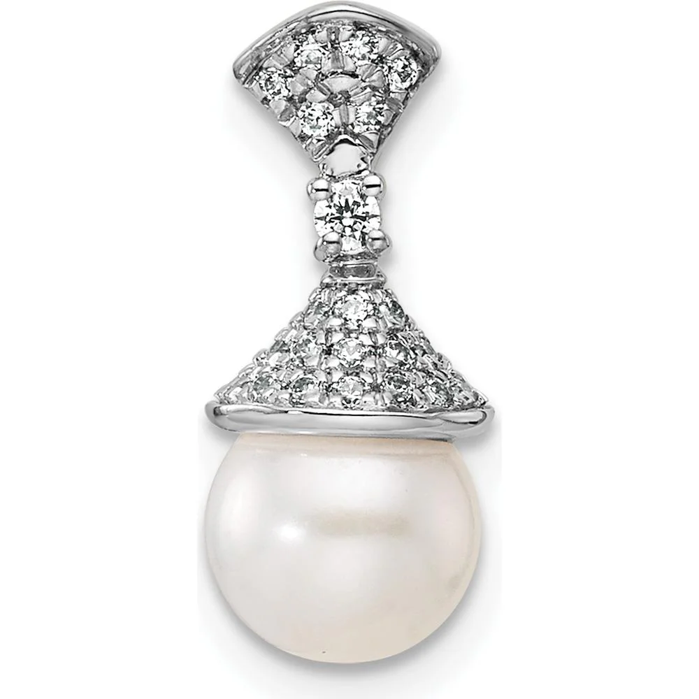14K White Gold Diamond and Freshwater Cultured Pearl Pendant with 22 Round Diamonds - 1/8 Carat Total Diamond Weight by Monteluci Fine Jewelry