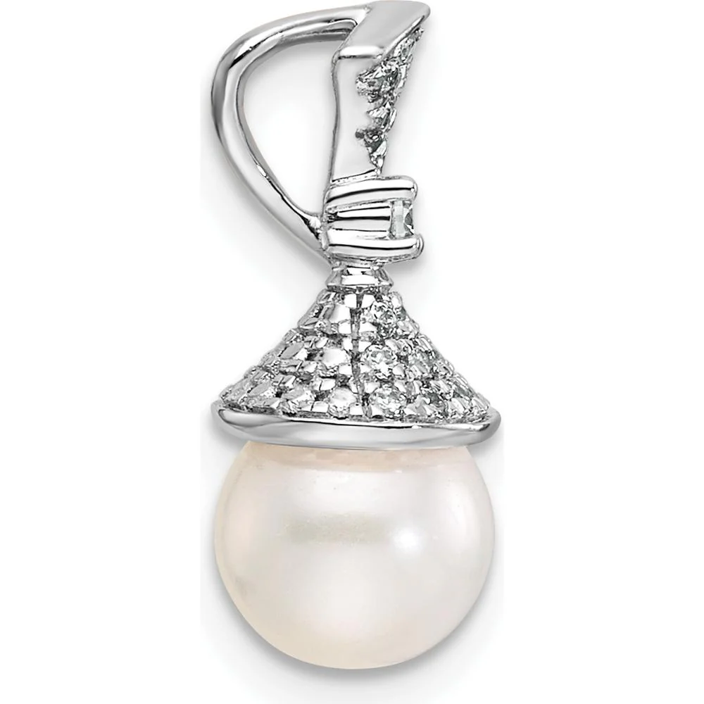14K White Gold Diamond and Freshwater Cultured Pearl Pendant with 22 Round Diamonds - 1/8 Carat Total Diamond Weight by Monteluci Fine Jewelry - Image 2