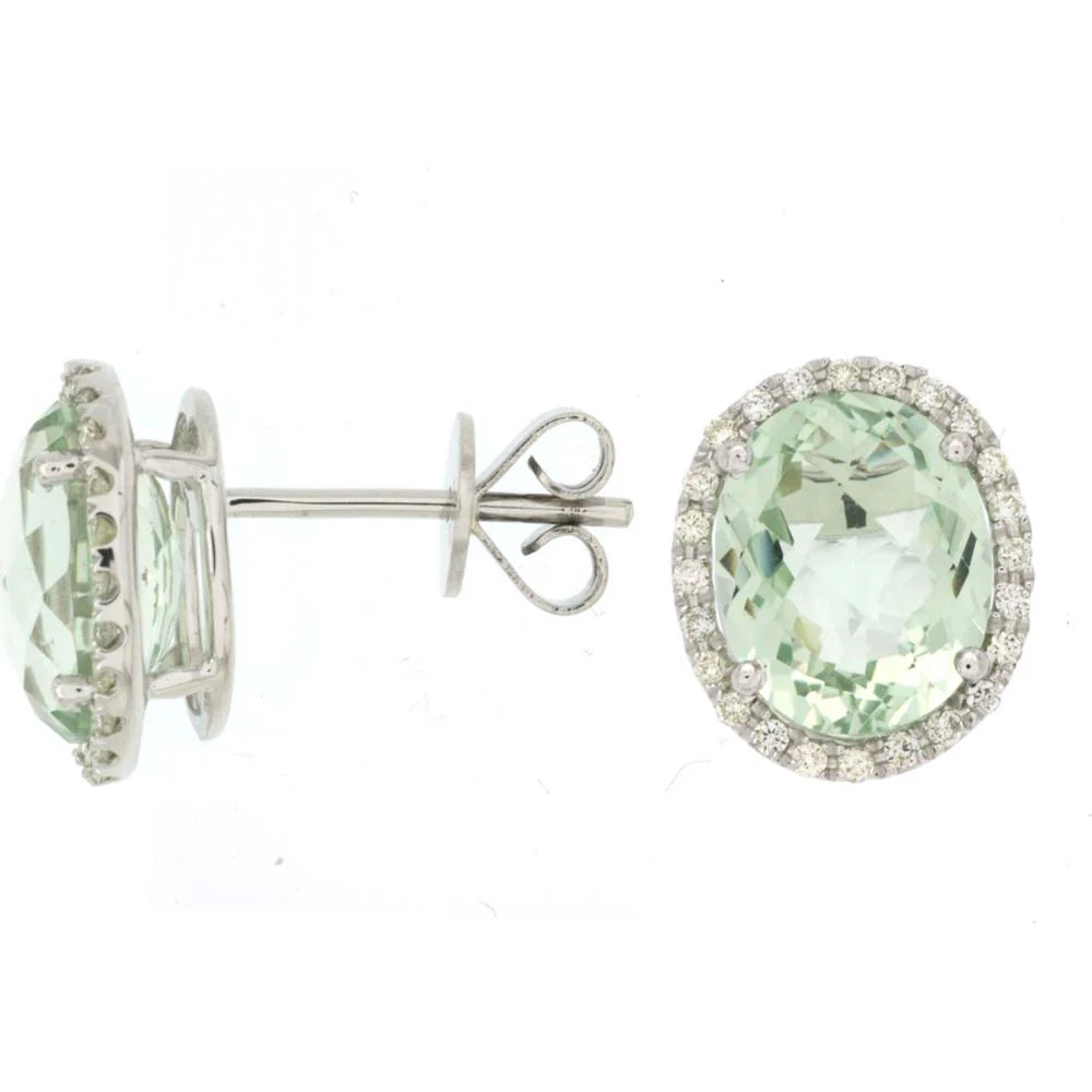 14K White Gold Diamond & Oval Green Amethyst Stud Earrings - 4.90 Carats Total Green Amethyst Carat Weight - Royal Jewelry