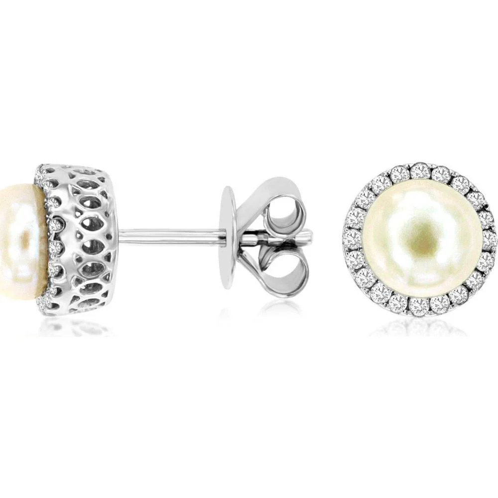 14K White Gold Diamond & Pearl Halo Earrings - 0.25 Carats Total Diamond Weight - Royal Jewelry