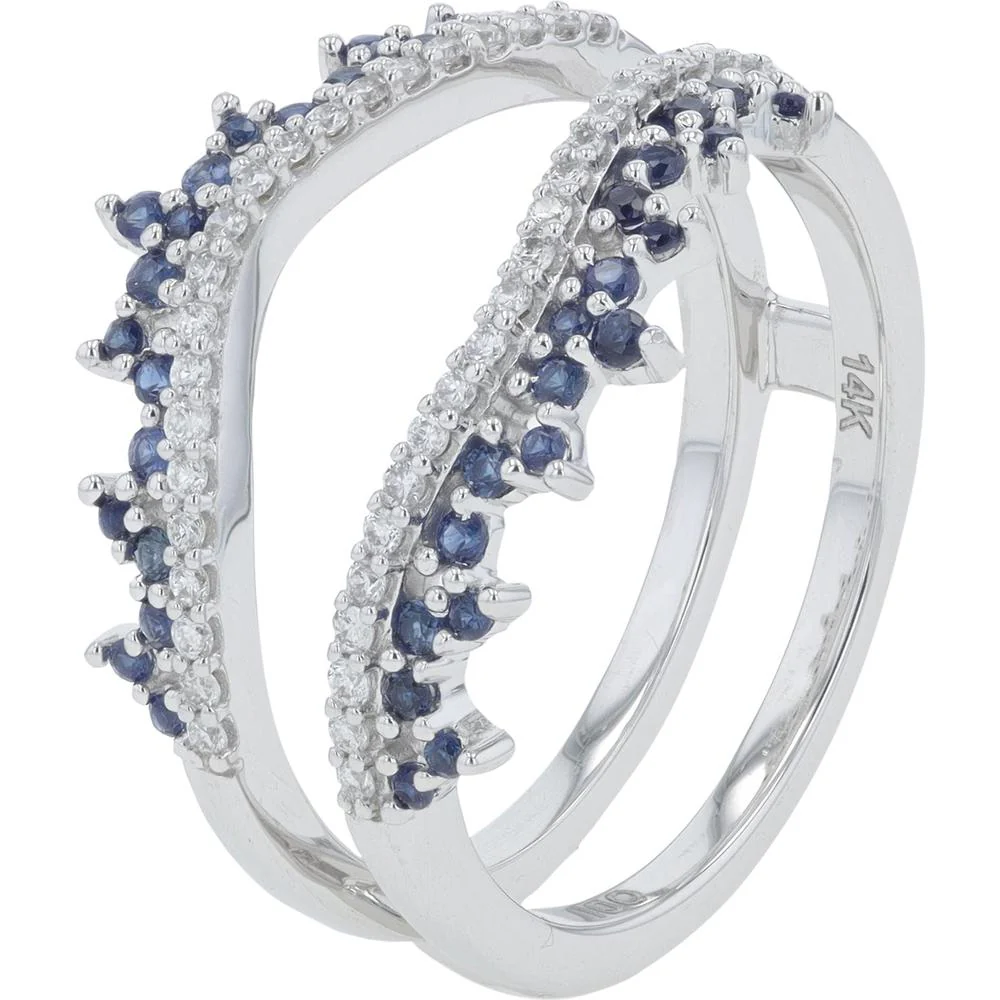 14K White Gold Diamond & Sapphire Ring Guard with Milgrain Detailing - 0.29 Carat Sapphire, 0.21 Carat Diamond Total Weight