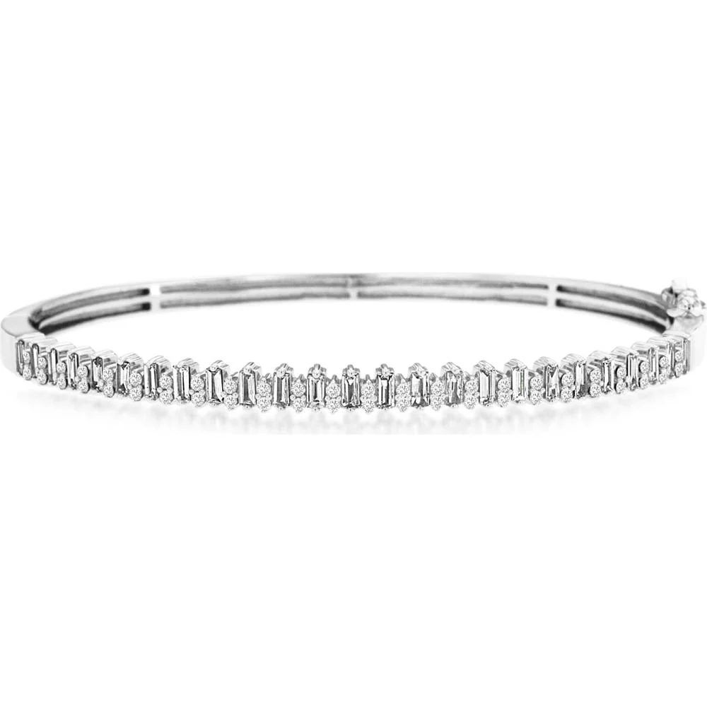 14K White Gold Diamond Bangle Bracelet with Alternating Round and Baguette Diamonds - 0.90 Carat Total Diamond Weight - Royal Jewelry