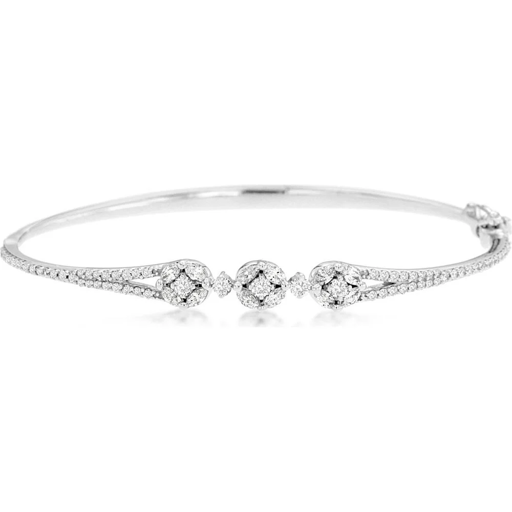 14K White Gold Diamond Bangle Bracelet with Round Floral Cluster Diamonds - 0.95 Carat Total Diamond Weight - Royal Jewelry