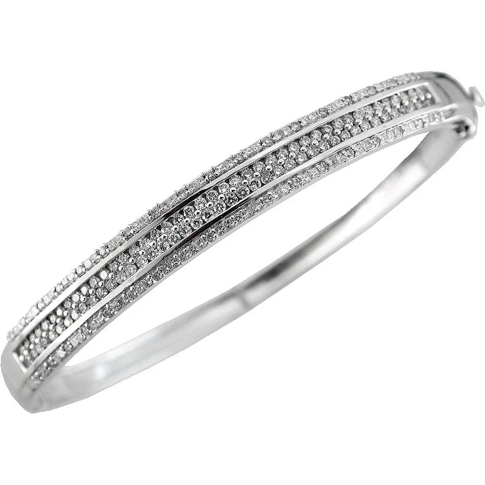 14K White Gold Diamond Bangle with Baguette and Round Diamonds - 1.50 Carat Total Diamond Weight - Royal Jewelry