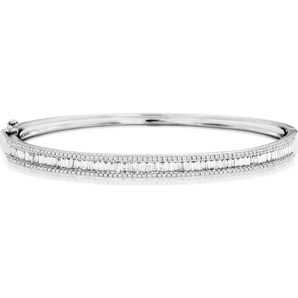 14K White Gold Diamond Bangle with Channel-Set Baguette and Round Diamonds - 1.70 Carat Total Diamond Weight - Royal Jewelry