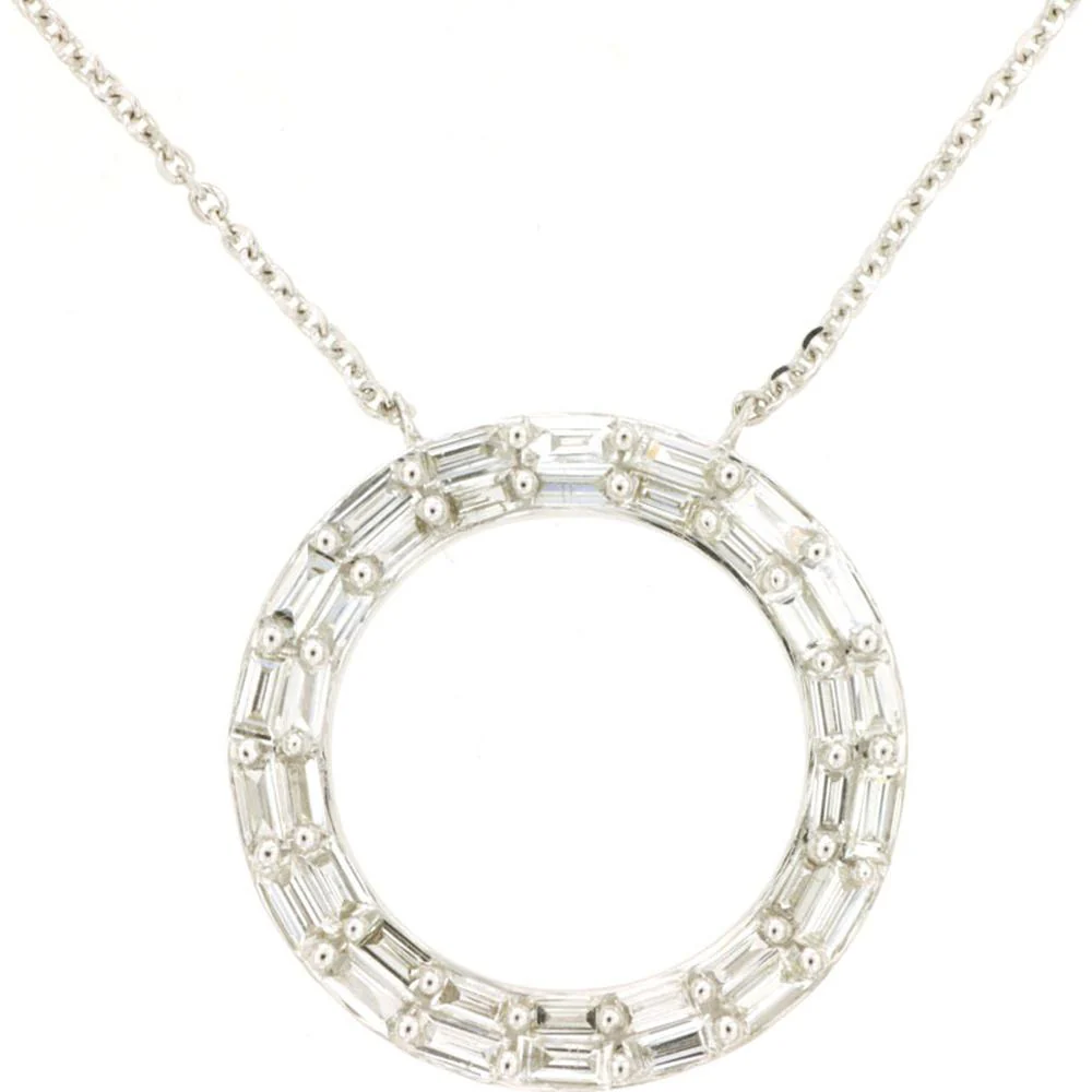 14K White Gold Diamond Circle Necklace with Baguette and Round Diamonds - 0.75 Carats Total Diamond Weight - Royal Jewelry
