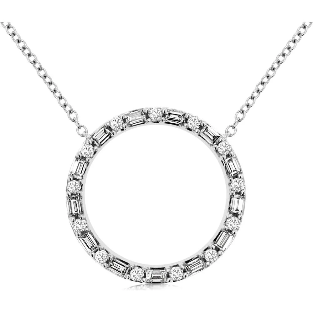 14K White Gold Diamond Circle Necklace with Round and Baguette Diamonds - 0.50 Carats Total Diamond Weight - Royal Jewelry