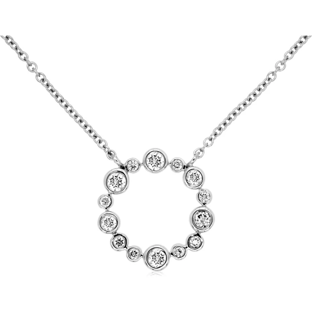 14K White Gold Diamond Circle Pendant Necklace with Bezel Set Round Diamonds - 0.26 Carat Total Diamond Weight - Royal Jewelry