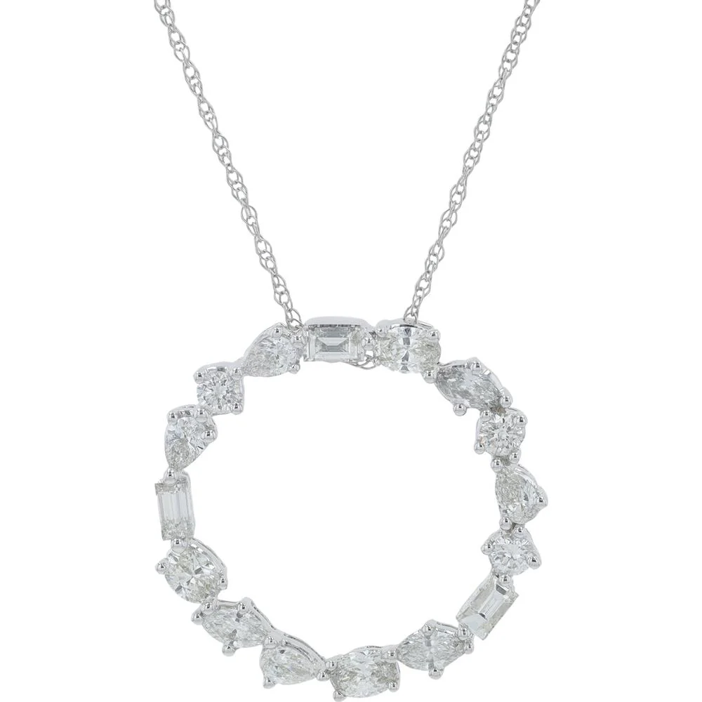 14K White Gold Diamond Circle Pendant with Mixed Cut Diamonds - 1.00 Carat Total Diamond Weight