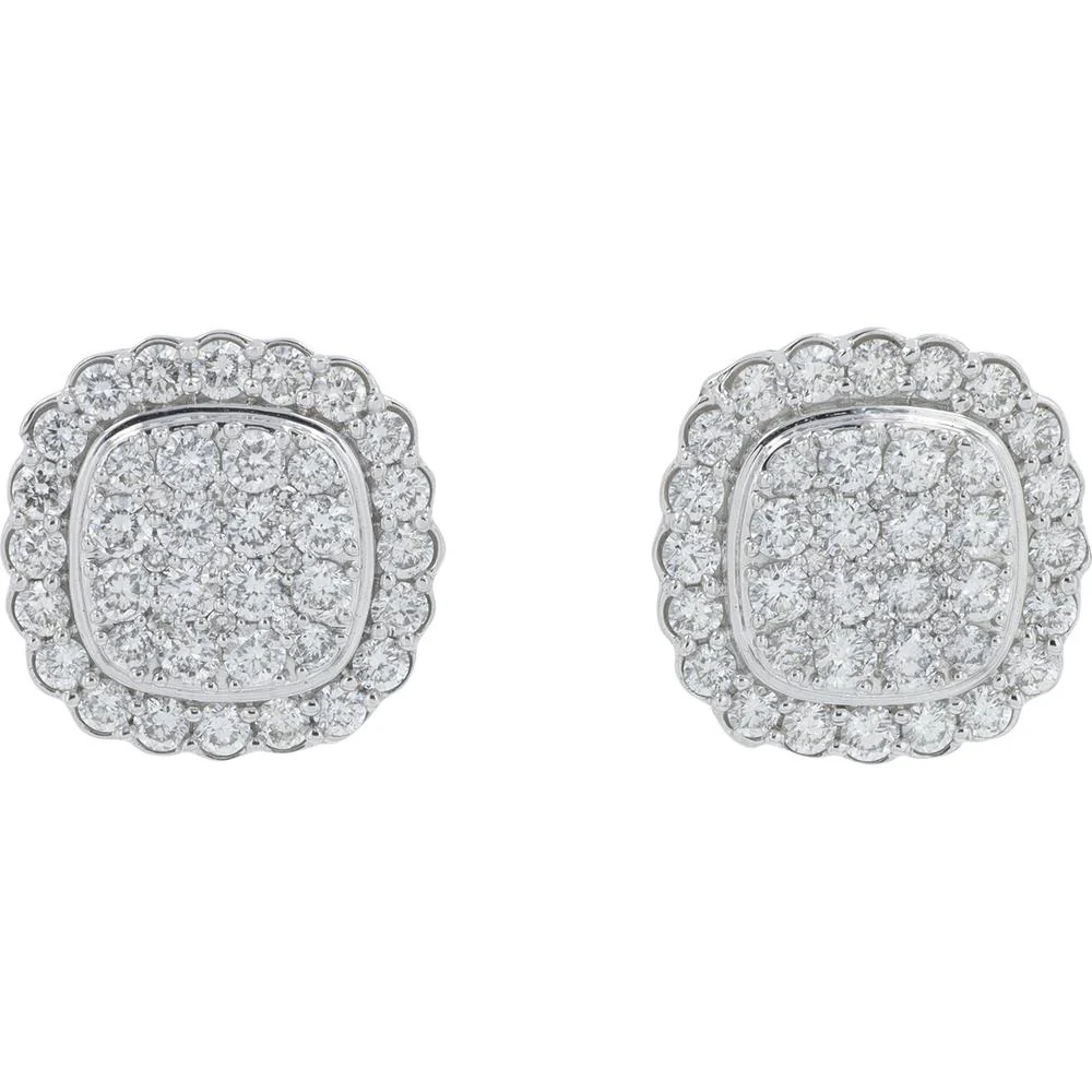 14K White Gold Diamond Cluster Stud Earrings - 1.50 Carat Total Diamond Weight