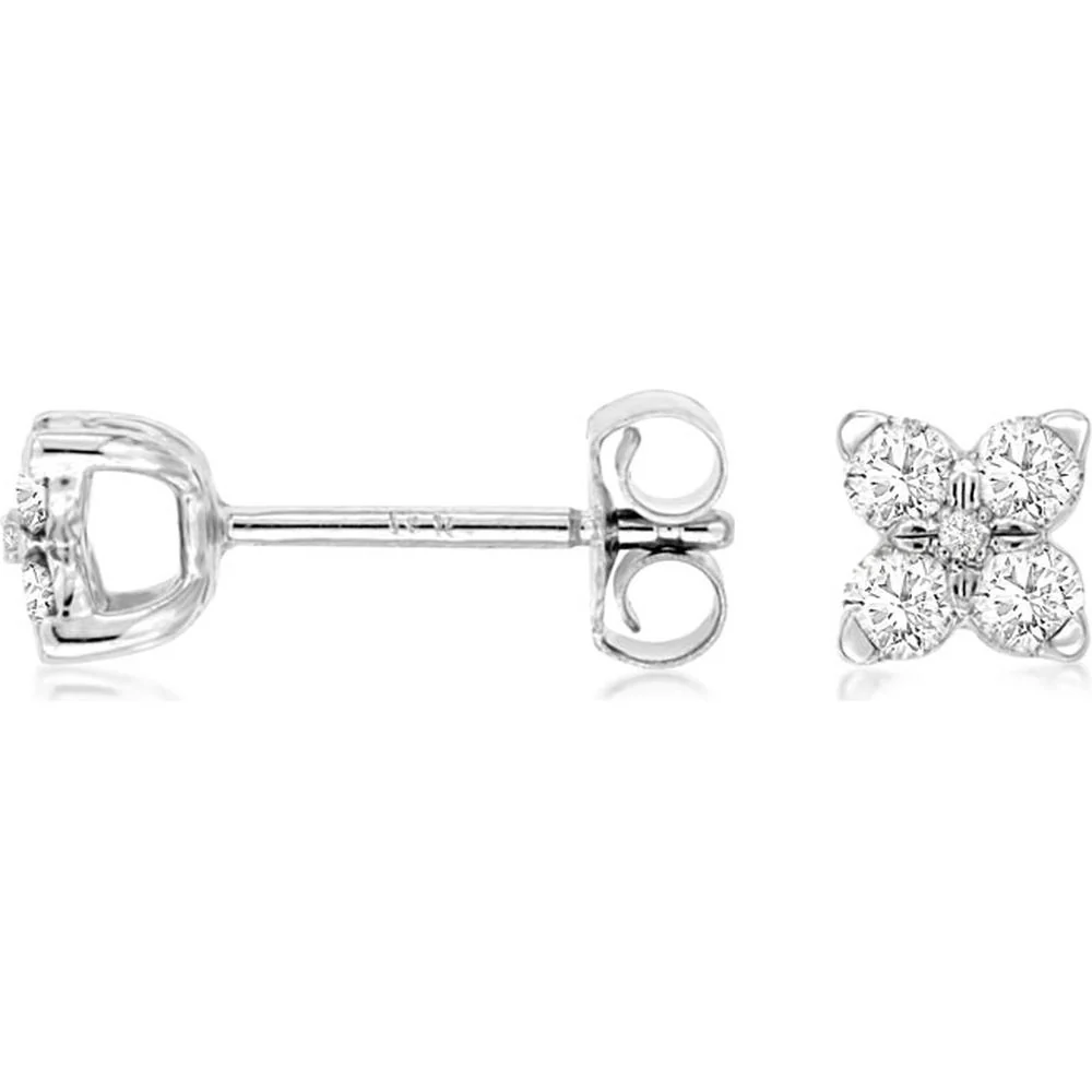 14K White Gold Diamond Cluster Stud Earrings with Round Diamonds - 0.33 Carat Total Diamond Weight - Royal Jewelry