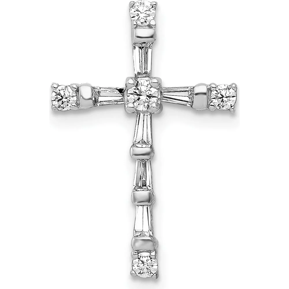 14K White Gold Diamond Cross Chain Slide Pendant with Round and Baguette Diamonds - 1/3 Carat Total Diamond Weight by Monteluci Fine Jewelry