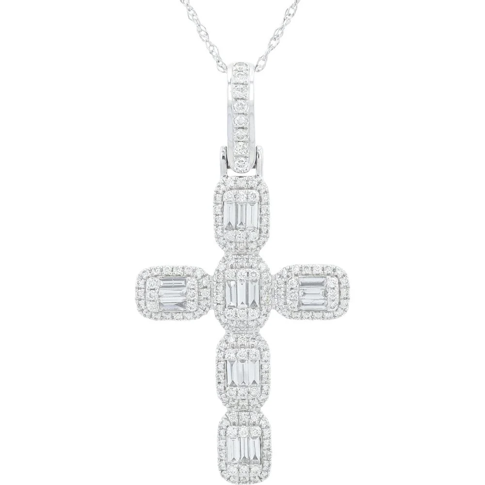 14K White Gold Diamond Cross Pendant with Baguette and Round Halo Diamonds - 1.75 Carat Total Diamond Weight