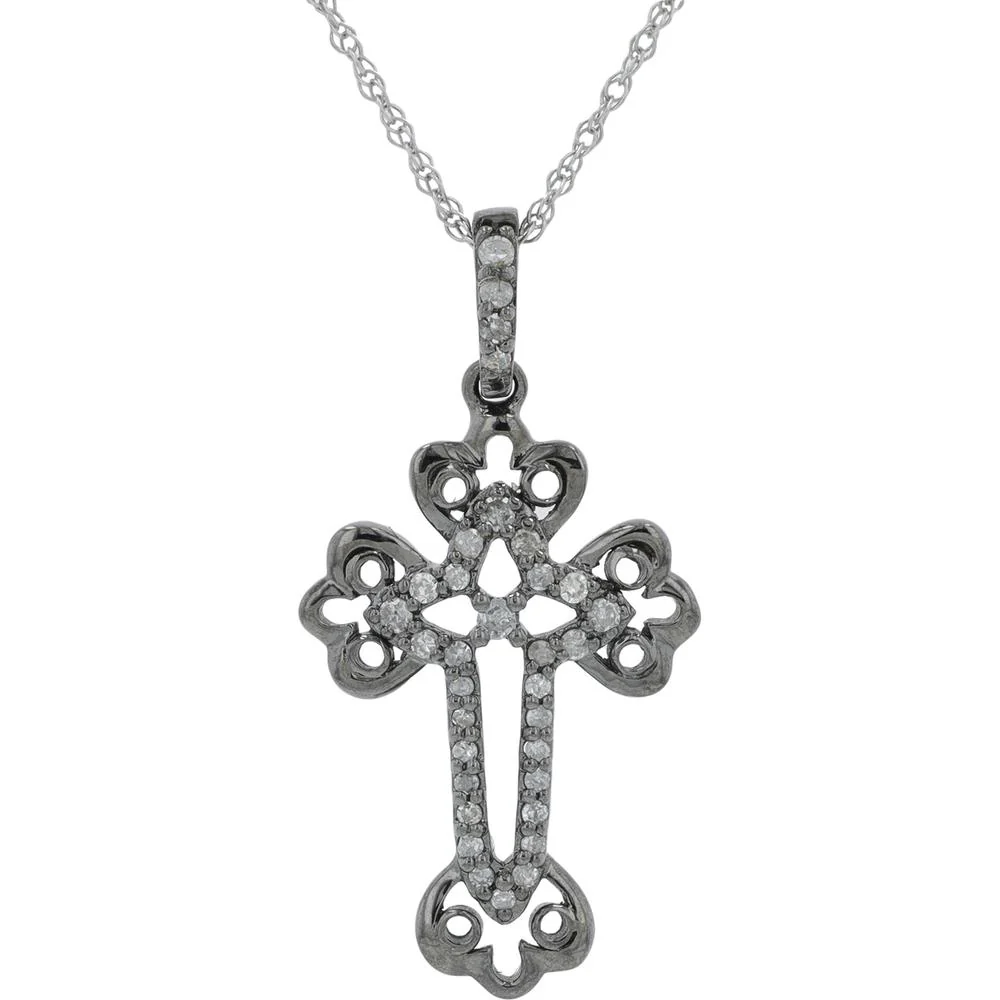14K White Gold Diamond Cross Pendant with Black Rhodium - 0.14 Carat Total Diamond Weight