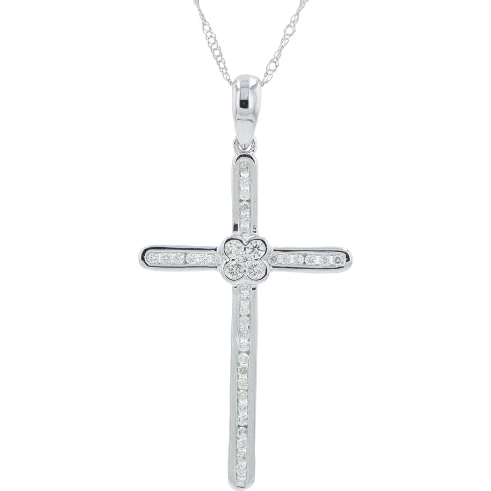 14K White Gold Diamond Cross Pendant with Floral Cluster - 0.27 Carat Total Diamond Weight