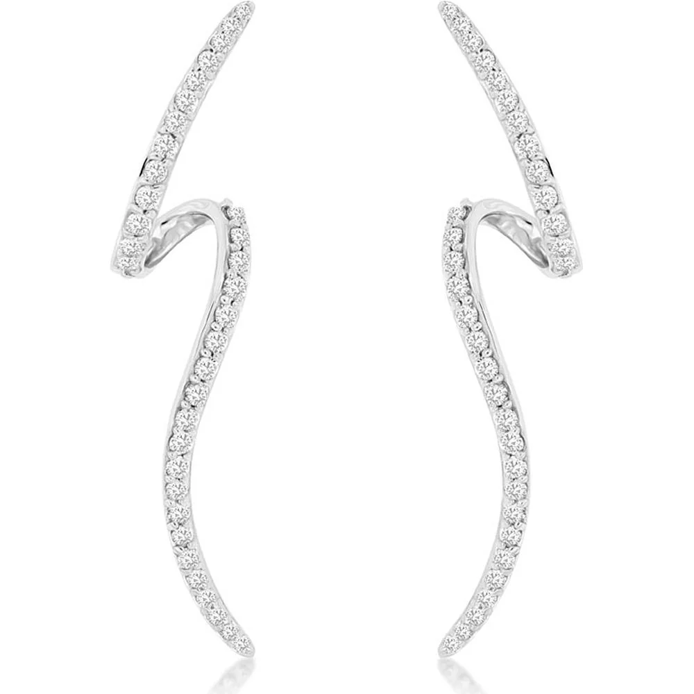 14K White Gold Diamond Curved Earrings - 0.58 Carats Total Diamond Weight - Royal Jewelry
