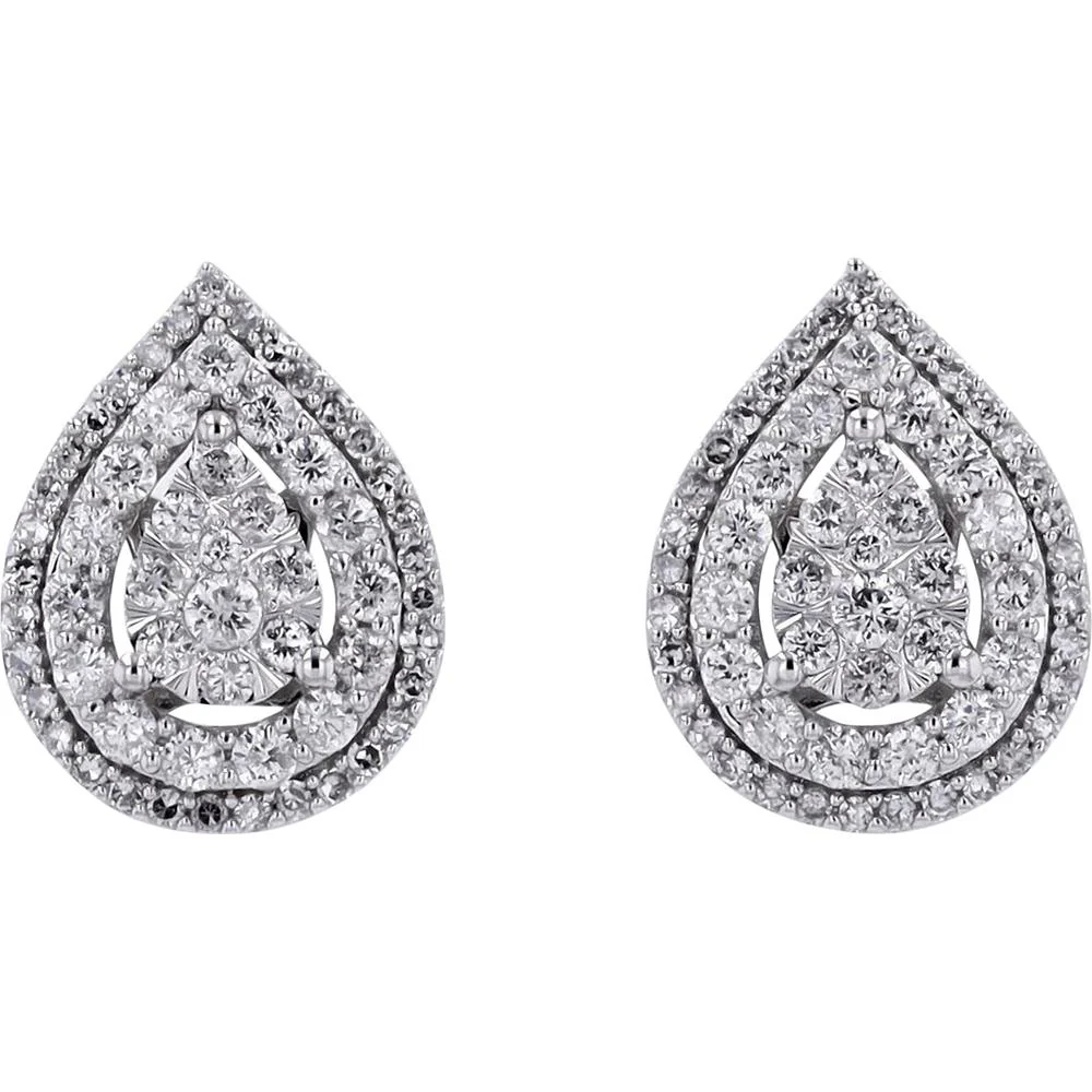14K White Gold Diamond Drop Cluster Stud Earrings - 1.00 Carat Total Diamond Weight