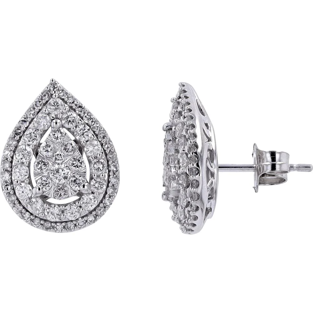 14K White Gold Diamond Drop Cluster Stud Earrings - 1.00 Carat Total Diamond Weight - Image 2
