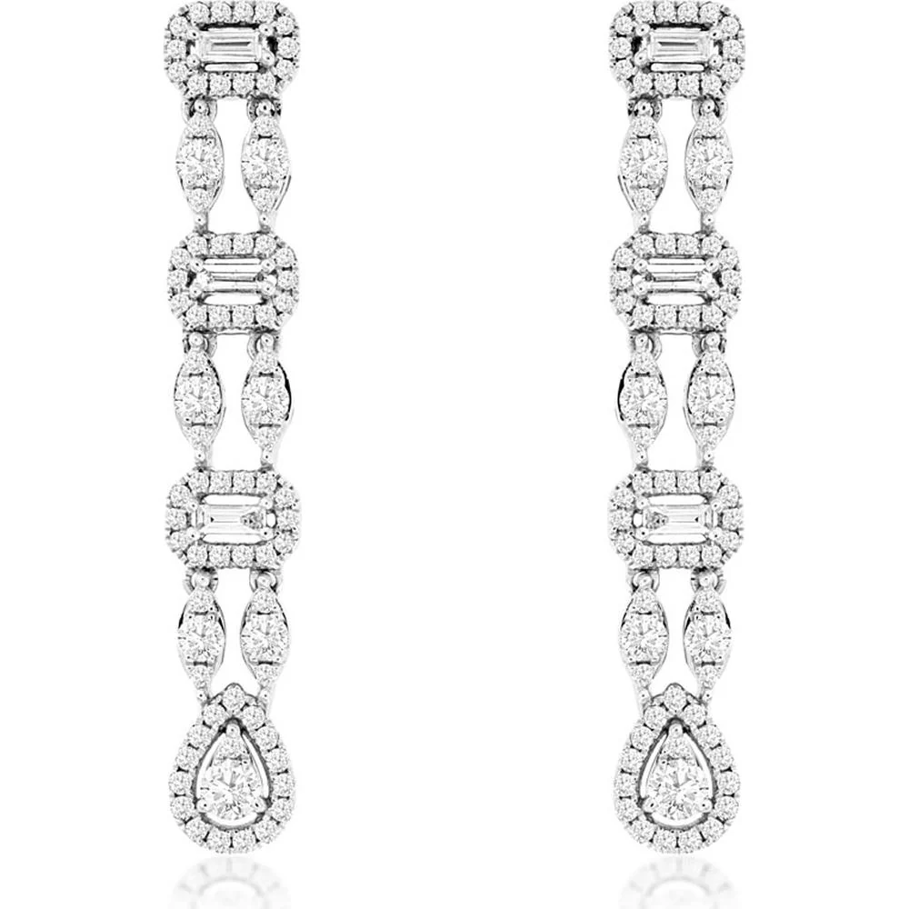 14K White Gold Diamond Drop Earrings with Baguette and Round Diamonds - 1.12 Carats Total Diamond Weight - Royal Jewelry