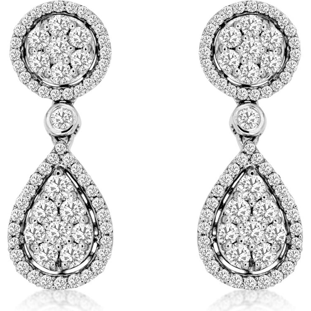 14K White Gold Diamond Drop Earrings with Double Halo Design - 0.85 Carats Total Diamond Weight - Royal Jewelry