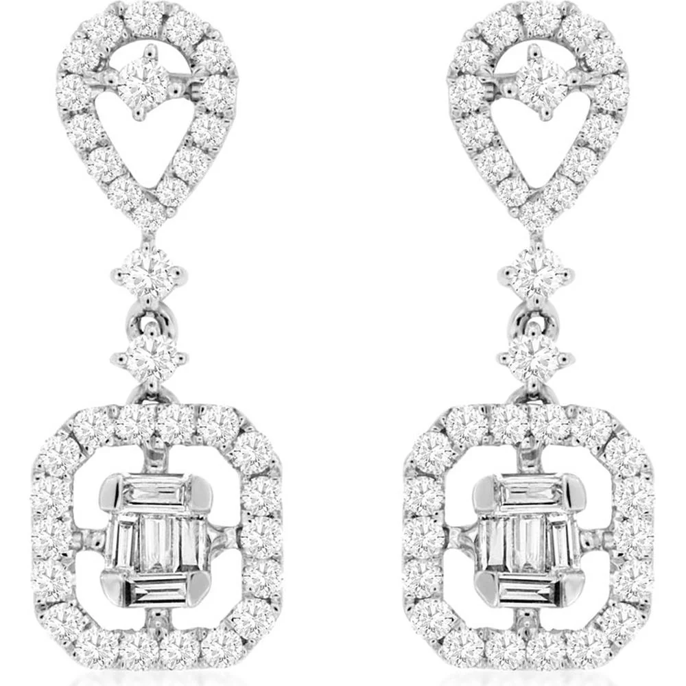 14K White Gold Diamond Drop Earrings with Pear Inspired Halo Tops and Geometric Round and Baguette Diamond Frames - 0.66 Carat Total Diamond Weight - Royal Jewelry