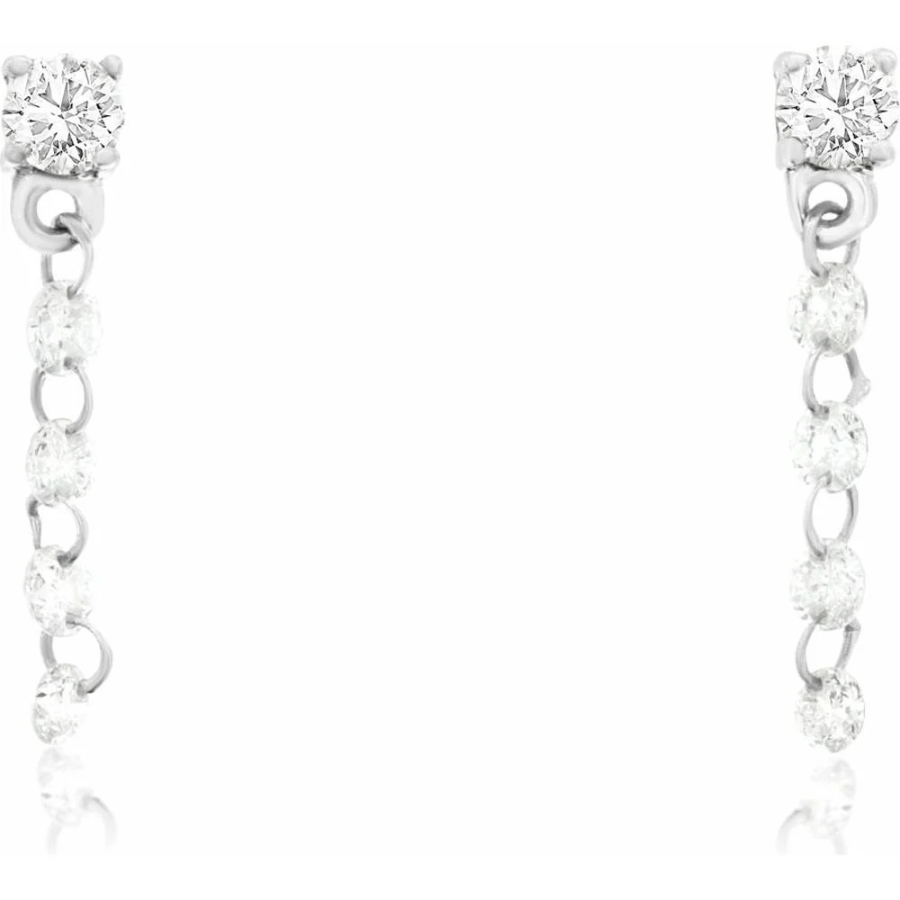 14K White Gold Diamond Drop Earrings with Round Brilliant Studs and Cascading Diamond Chain - 0.33 Carat Total Weight - Royal Jewelry