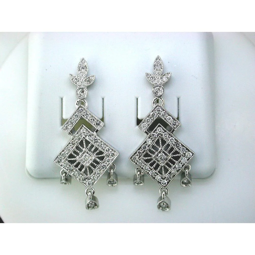 14K White Gold Diamond Drop Earrings with Round Diamonds - 1.00 Carat Total Diamond Weight - Royal Jewelry