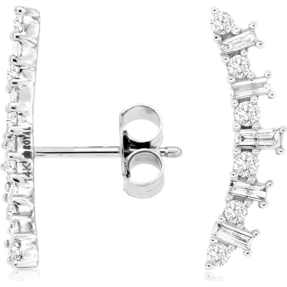 14K White Gold Diamond Earrings with Round and Baguette Diamonds - 0.53 Carats Total Diamond Weight - Royal Jewelry