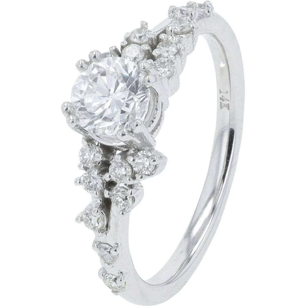 14K White Gold Diamond Engagement Ring with 0.60 Carat Center Round Diamond and 0.30 Carat Accent Diamonds - 0.90 Carat Total Diamond Weight