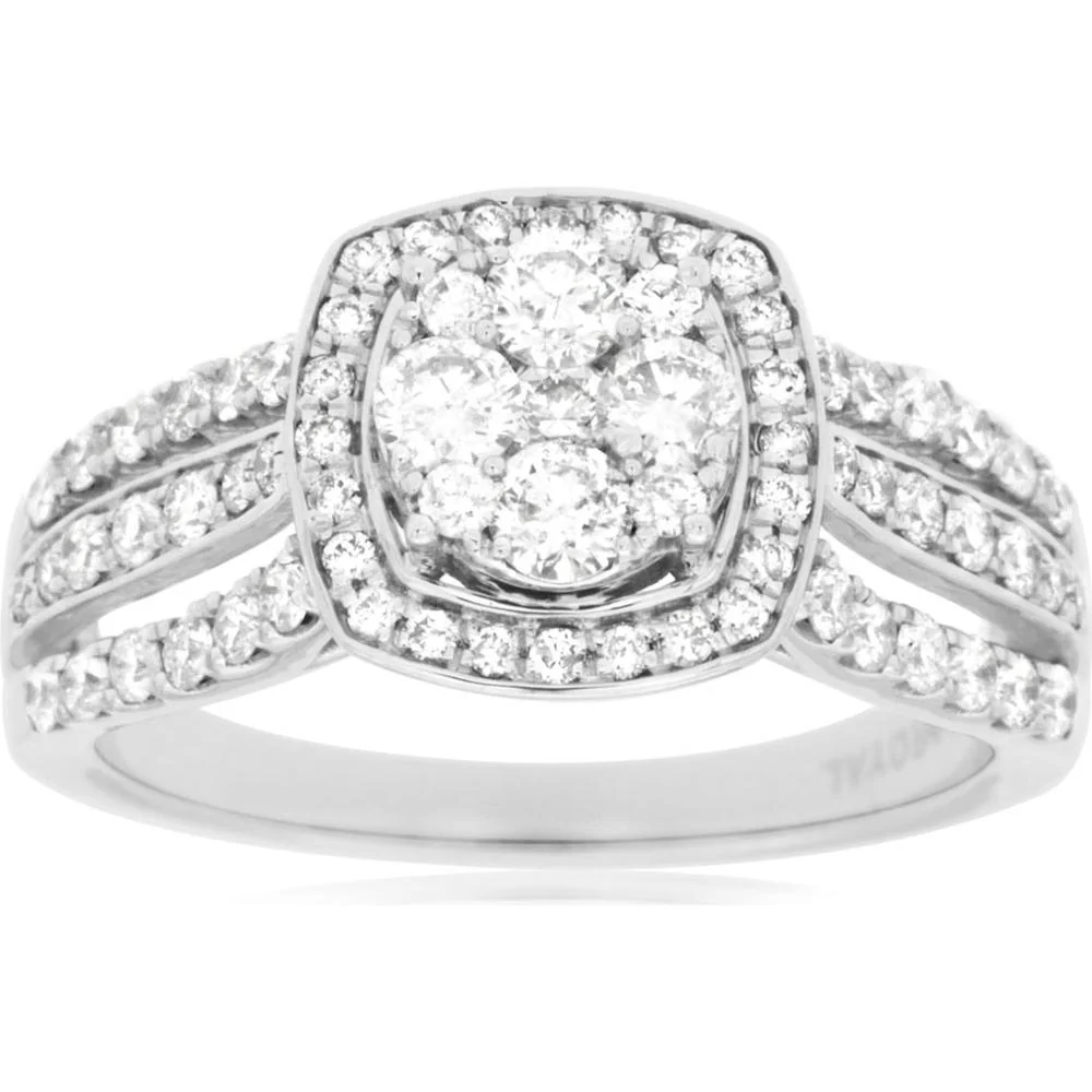 14K White Gold Diamond Engagement Ring with Halo Setting - 1.00 Carat Total Diamond Weight - Royal Jewelry