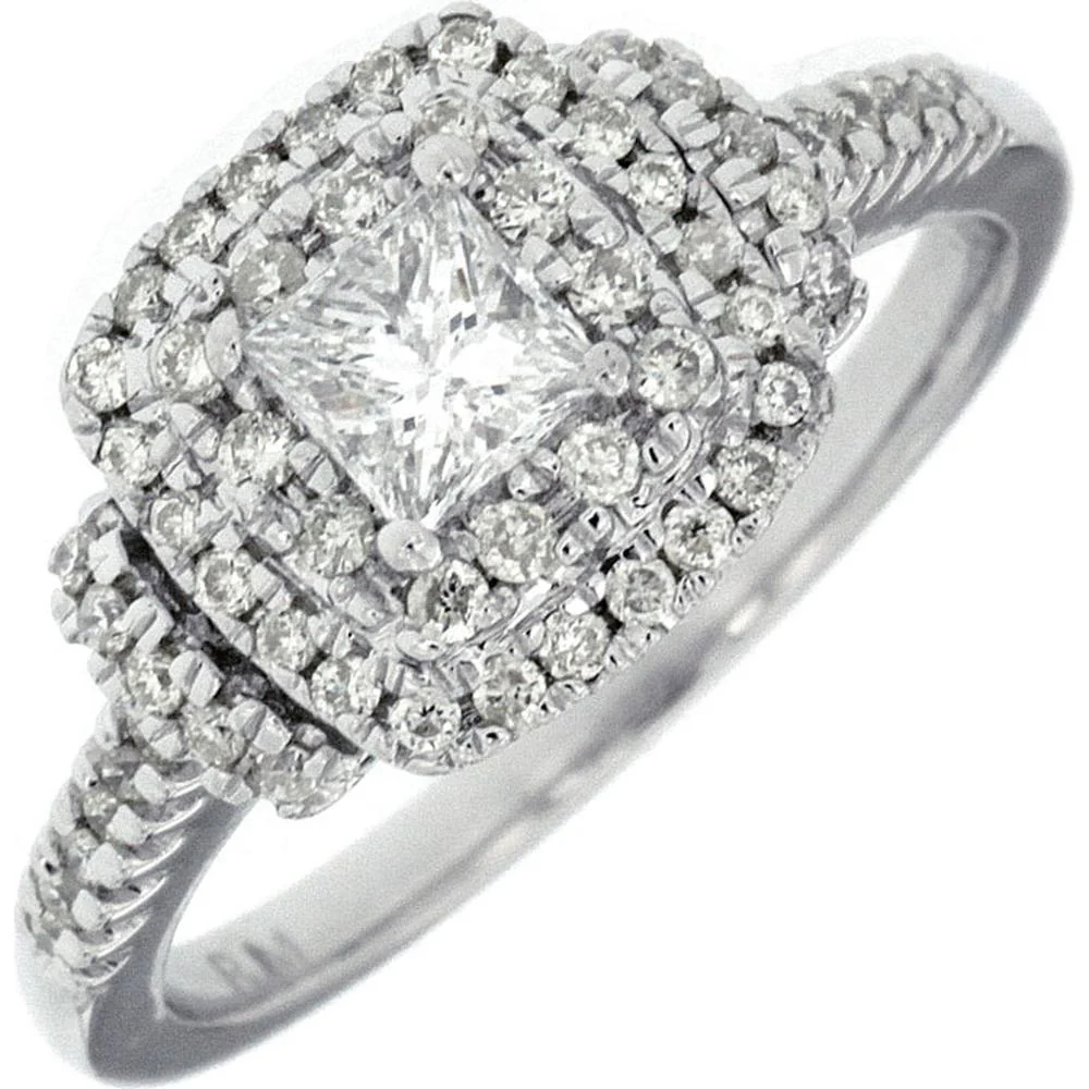 14K White Gold Diamond Engagement Ring with Princess Cut Center Diamond and Halo Setting - 0.70 Carats Total Diamond Weight - Royal Jewelry