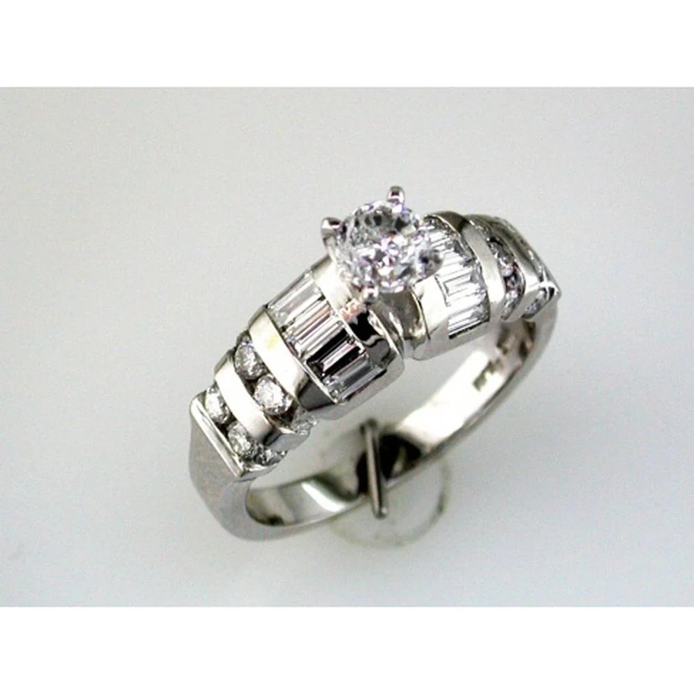 14K White Gold Diamond Engagement Ring with Round and Baguette Diamonds - 1.34 Carats Total Diamond Weight - Royal Jewelry