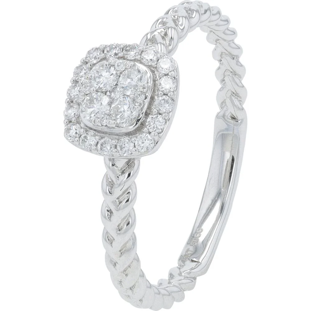 14K White Gold Diamond Engagement Ring with Square Halo and Rope Band - 0.25 Carat Total Diamond Weight