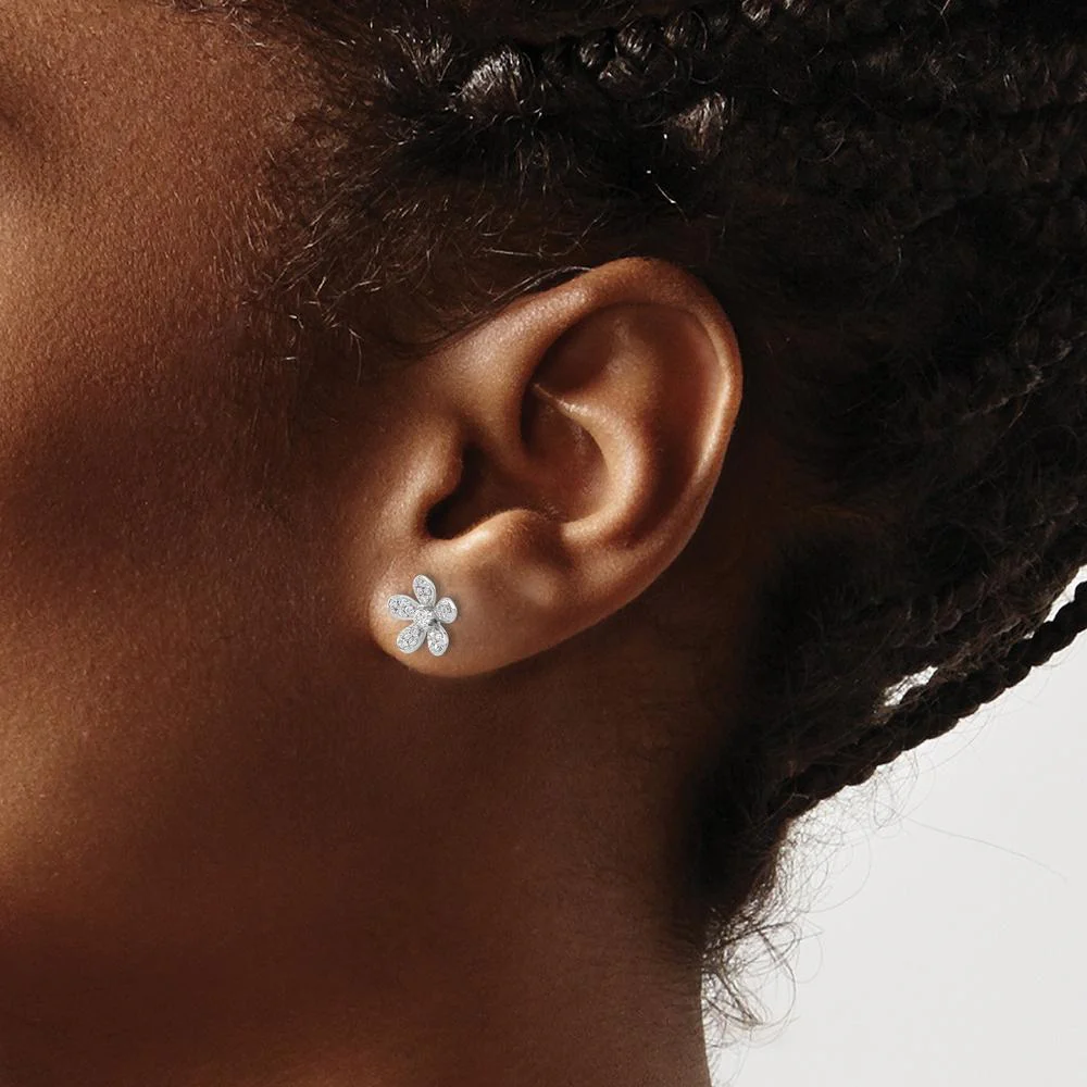 14K White Gold Diamond Flower Button Earrings with Round-Cut Diamonds - 0.069 Carats Total Diamond Weight by Monteluci Fine Jewelry - Image 3