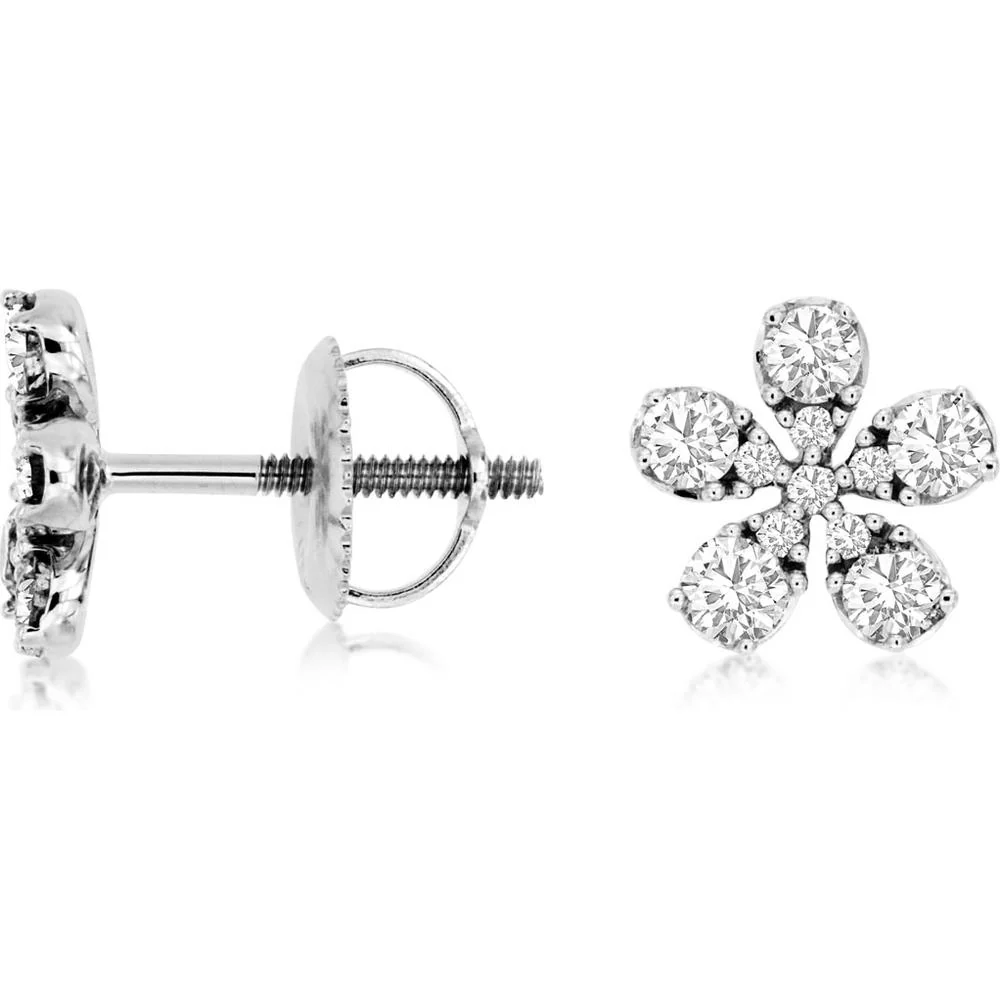 14K White Gold Diamond Flower Earrings with Round Brilliant Diamonds - 1.00 Carat Total Diamond Weight - Royal Jewelry