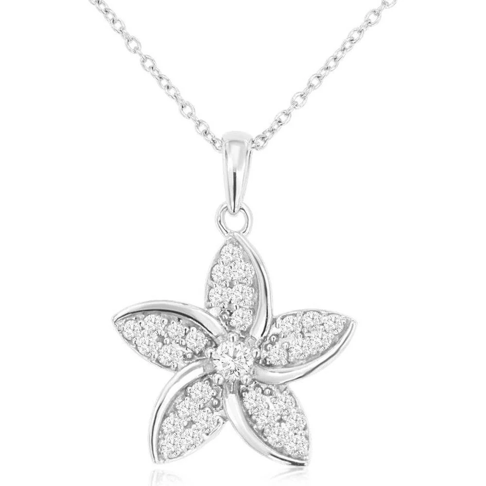 14K White Gold Diamond Flower Pendant with Pave Set Round Diamonds - 0.26 Carat Total Diamond Weight - Royal Jewelry