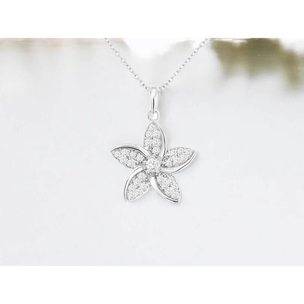 14K White Gold Diamond Flower Pendant with Pave Set Round Diamonds - 0.26 Carat Total Diamond Weight - Royal Jewelry - Image 2