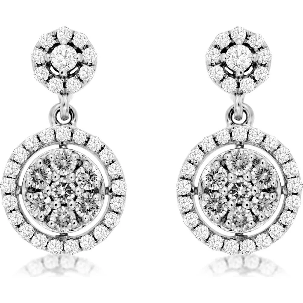 14K White Gold Diamond Halo Drop Earrings with 1.1 Carats Total Diamond Weight - Royal Jewelry