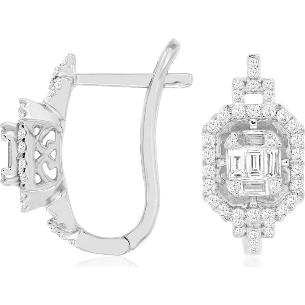 14K White Gold Diamond Halo Earrings with Baguette and Round Diamonds - 0.66 Carats Total Diamond Weight - Royal Jewelry