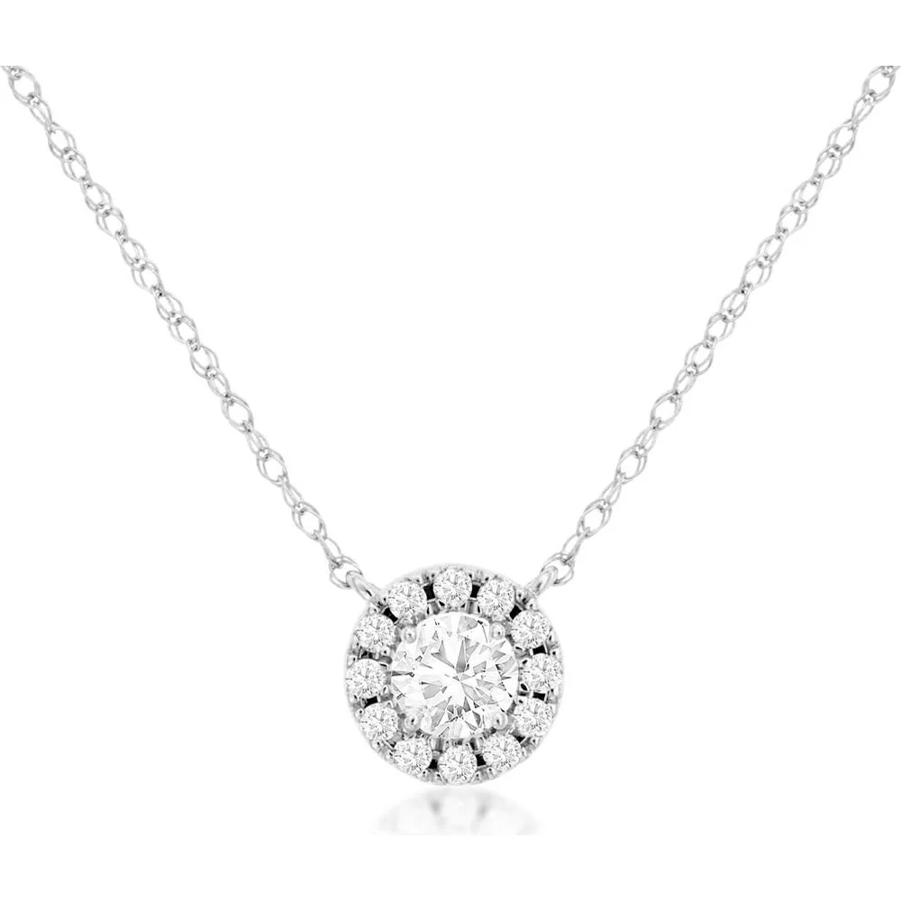 14K White Gold Diamond Halo Necklace - 0.37 Carats Total Diamond Weight - Royal Jewelry