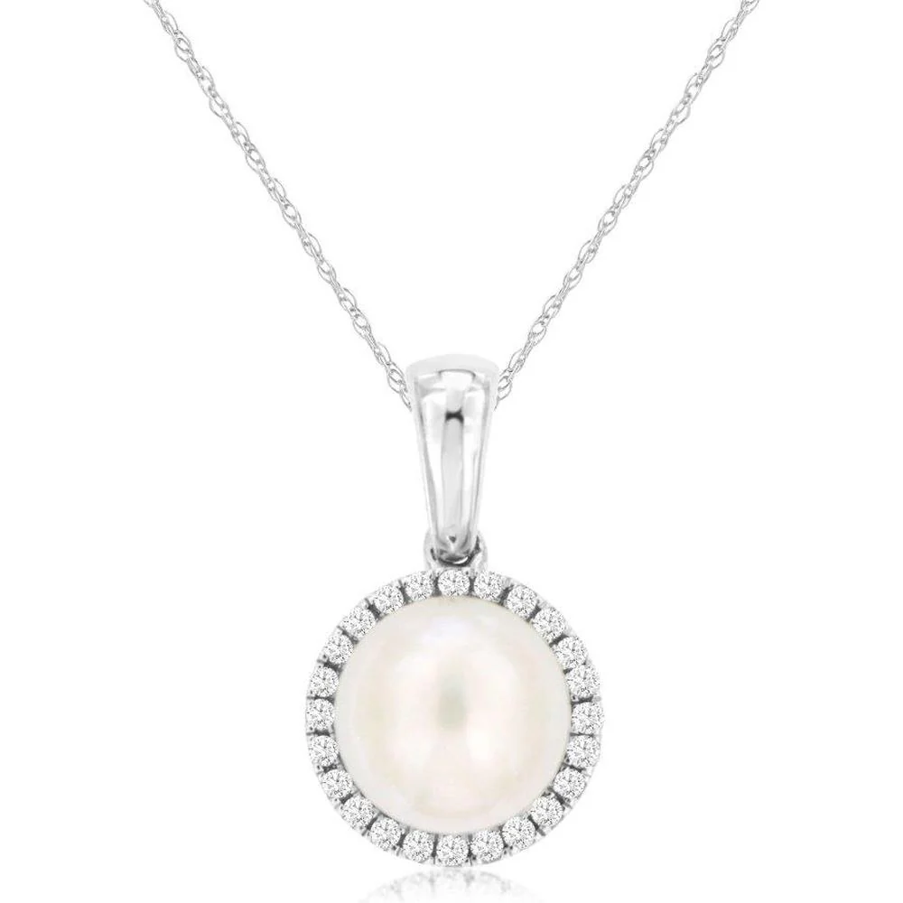 14K White Gold Diamond Halo Pearl Pendant Necklace with Round Pearl and 0.08 Carat Total Diamond Weight - Royal Jewelry