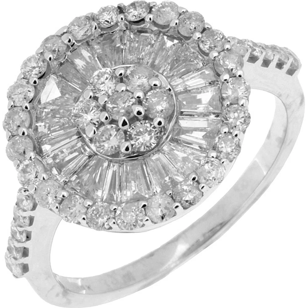14K White Gold Diamond Halo Ring with Baguette and Round Diamonds - 1.48 Carats Total Diamond Weight - Royal Jewelry
