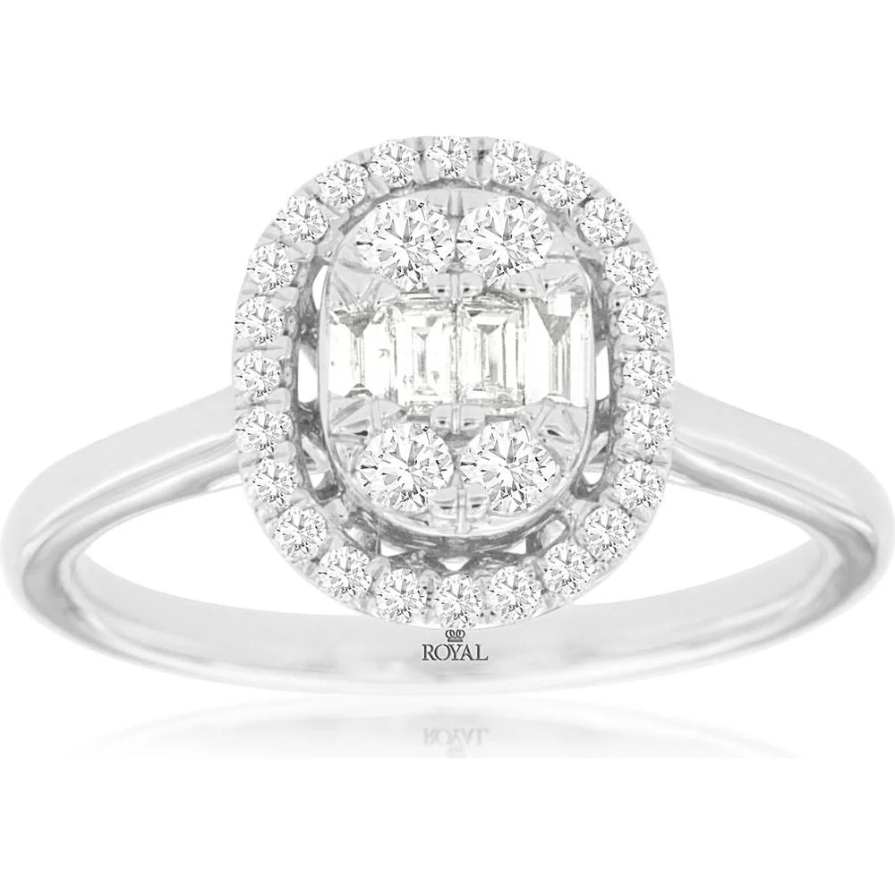 14K White Gold Diamond Halo Ring with Emerald Cut Center Diamond - 0.50 Carats Total Diamond Weight - Royal Jewelry