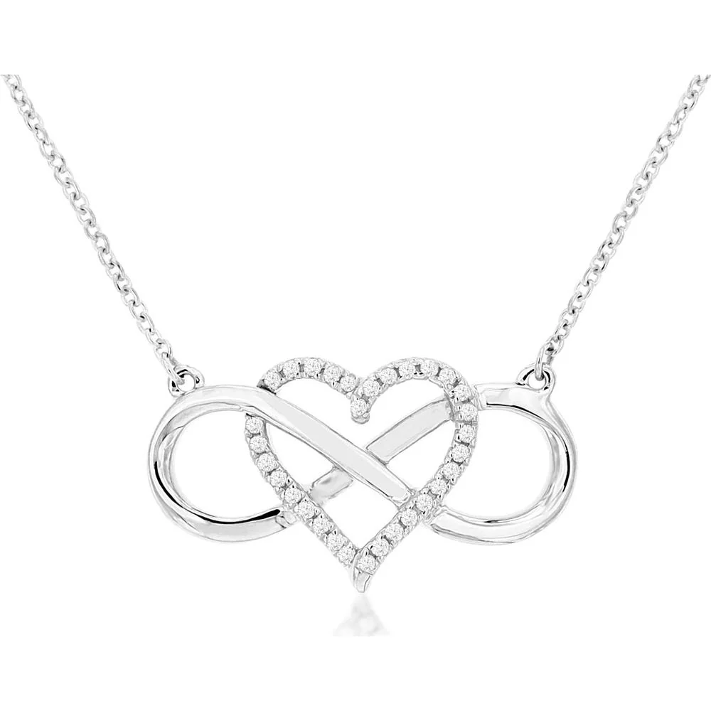 14K White Gold Diamond Heart Infinity Pendant Necklace with Round Cut Prong Set Diamonds - 0.09 Carat Total Diamond Weight - Royal Jewelry