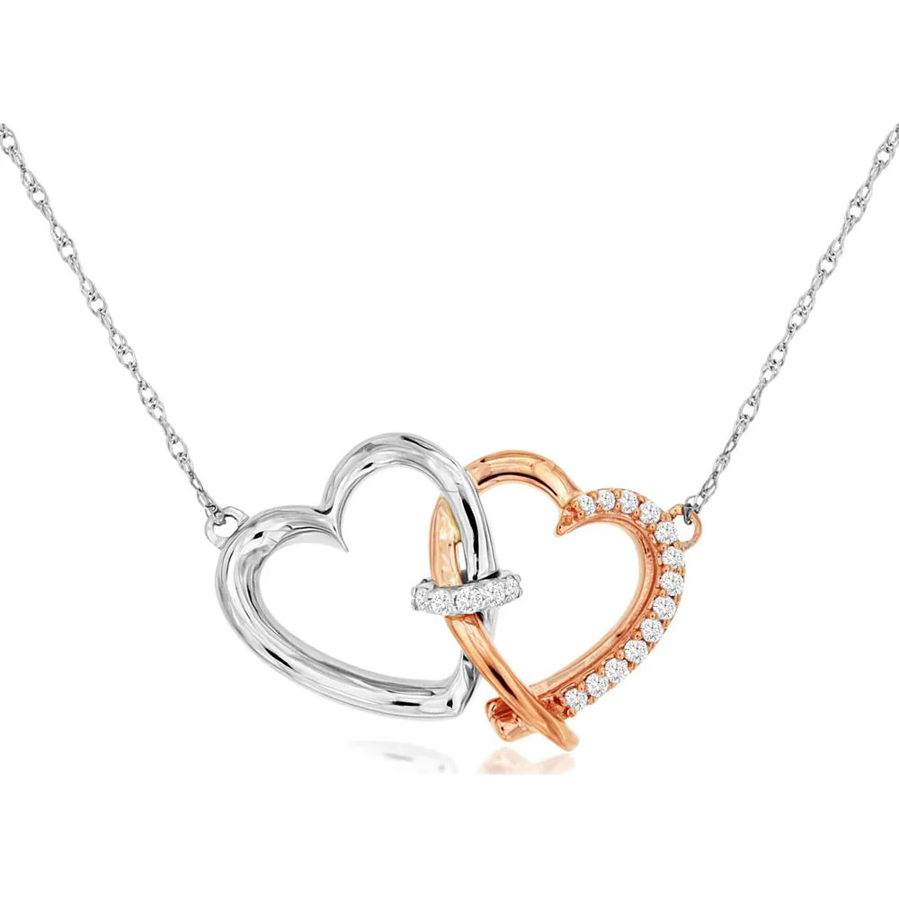 14K White Gold Diamond Heart Necklace with Rose Gold Accents - 0.11 Carats Total Diamond Weight - Royal Jewelry