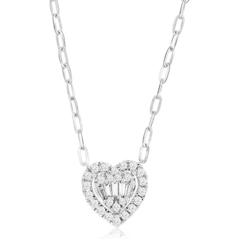 14K White Gold Diamond Heart Pendant Necklace with Round and Baguette Diamonds - 0.50 Carats Total Diamond Weight - Royal Jewelry