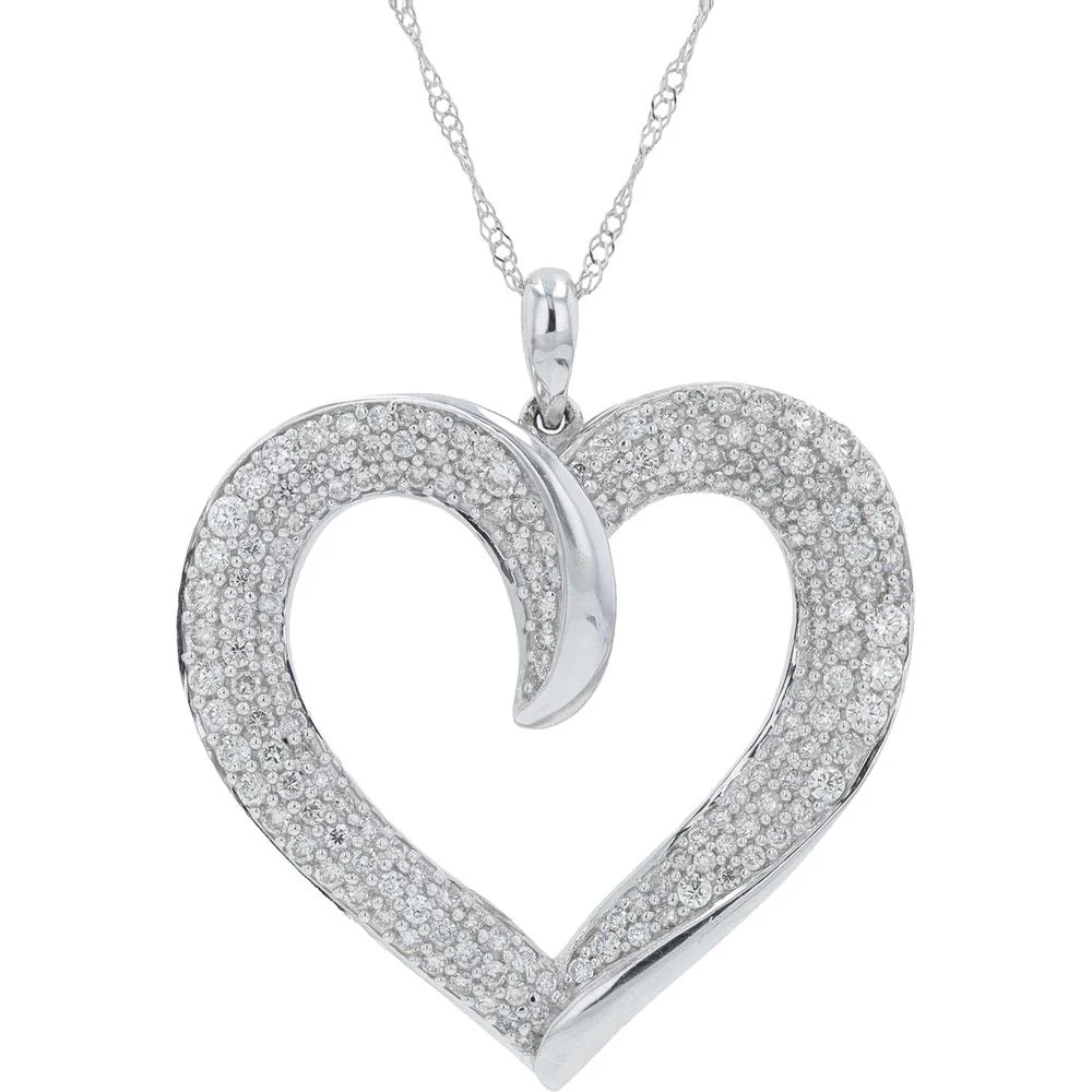 14K White Gold Diamond Heart Pendant with 1.00 Carat Total Diamond Weight